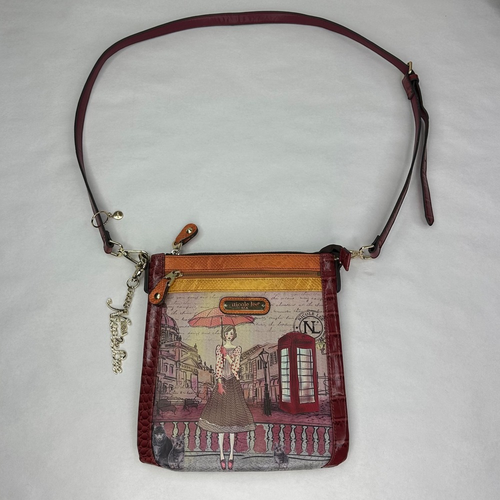 Nicole Lee London Girl Crossbody Bag Graphic Print Faux‎ Croc Burgundy Messenger